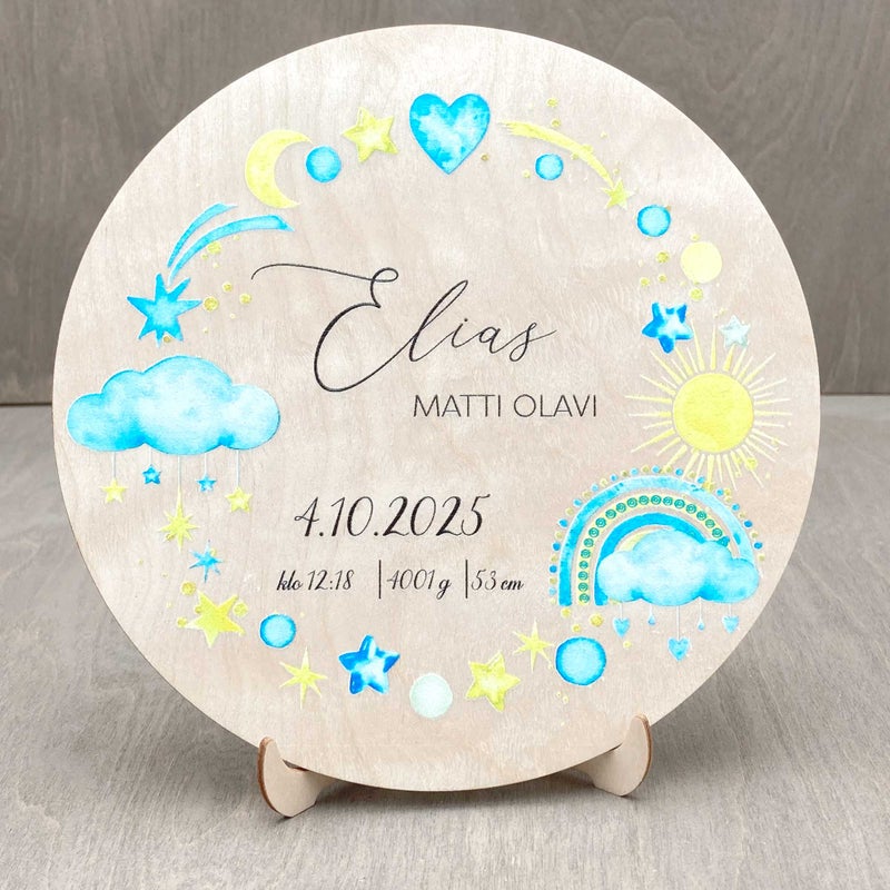 Syntym&auml;taulu vaaleansininen vesiv&auml;rityyli